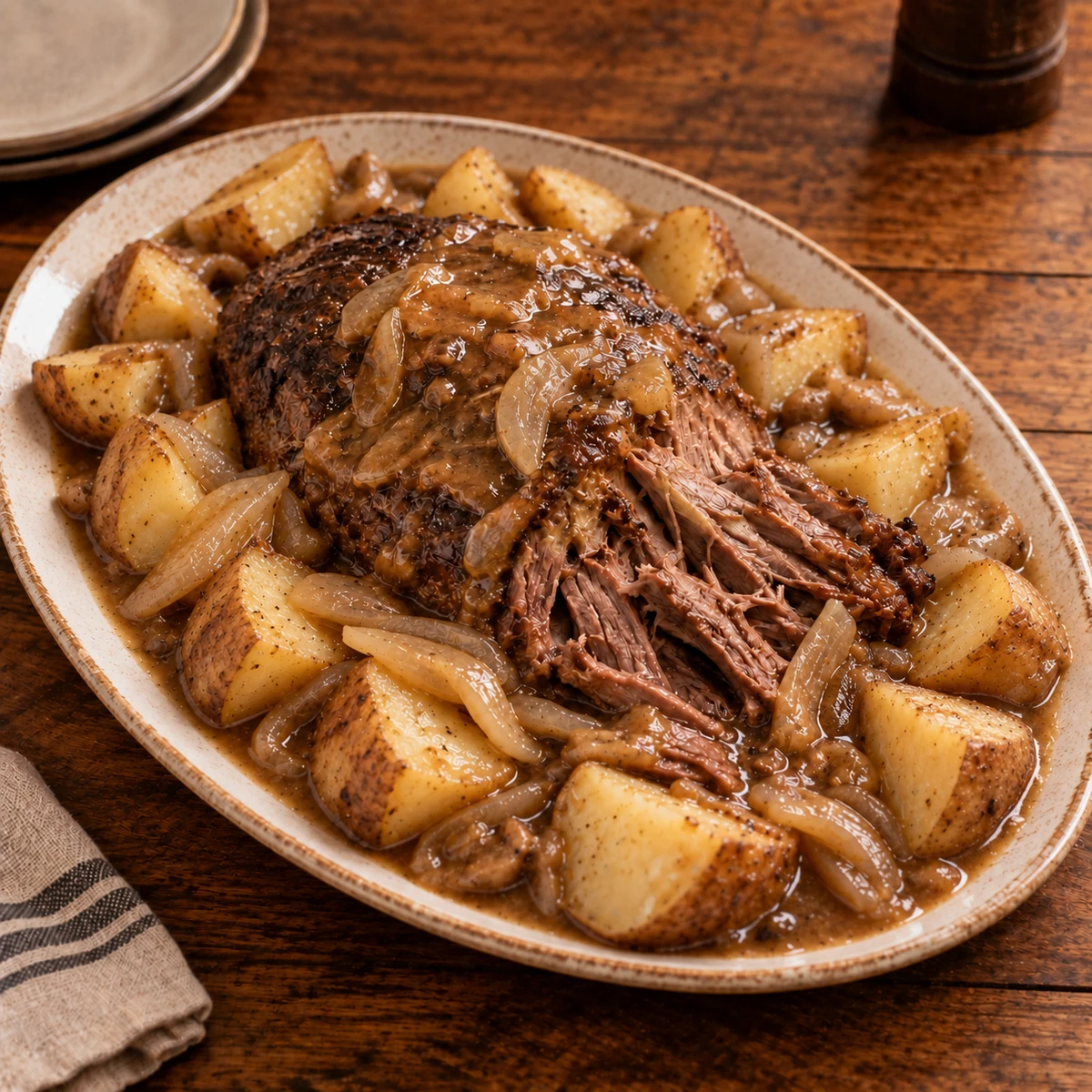 Tender Sunday pot roast with quartered potatoes and onion-mushroom gravy on a serving platter