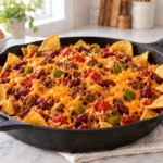 Texas beef skillet with ground beef, tomatoes, kidney beans, rice, melted cheddar, green pepper, and corn chips around the edge