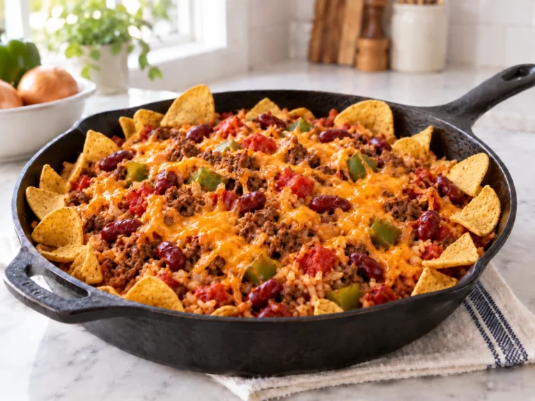 Texas beef skillet with ground beef, tomatoes, kidney beans, rice, melted cheddar, green pepper, and corn chips around the edge