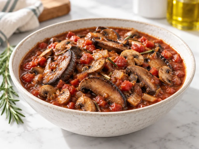Tomato-based mushroom stew with browned portabella and white mushrooms, onion, and rosemary